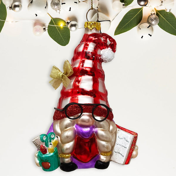 OrnamentallyYou Festive Teacher Gnome Glass Christmas Ornament, Holiday Tree School Gift