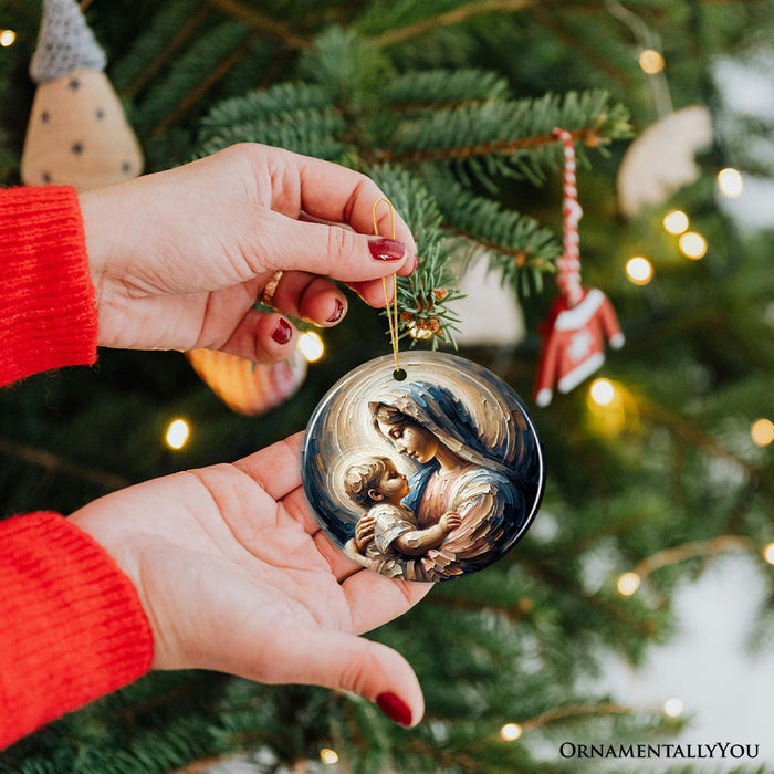 OrnamentallyYou Virgin Mary and Baby Jesus Gentle Embrace Ceramic Ornament, Iconic Oil Painting Gift And Decor