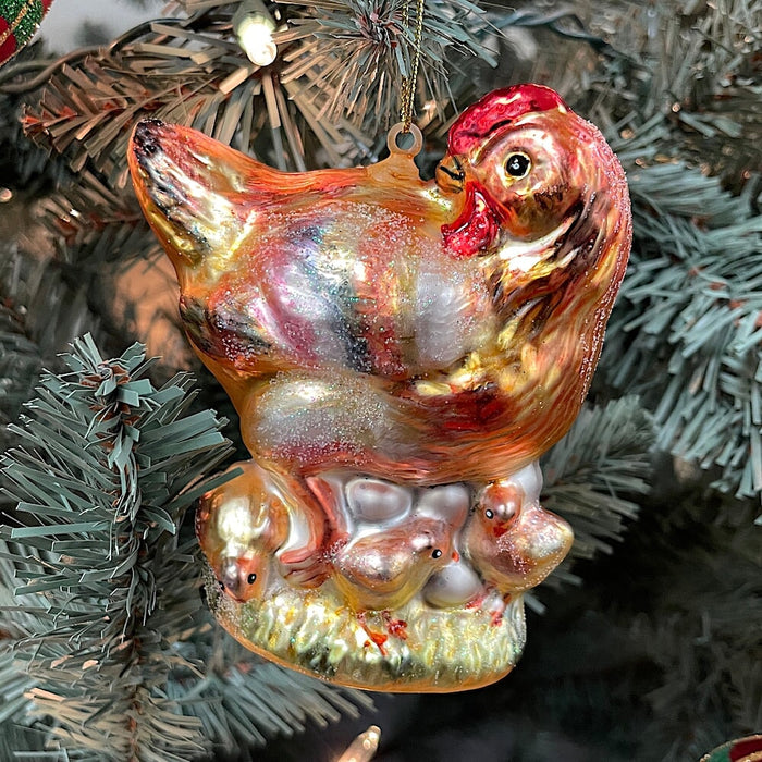 OrnamentallyYou Chicken and Baby Chicks Glass Ornament