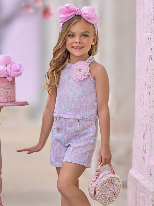 Mia Belle Girls Celebrate With Flair Pastel Halter Tweed Top and Short Set