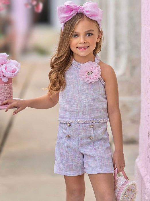 Mia Belle Girls Celebrate With Flair Pastel Halter Tweed Top and Short Set