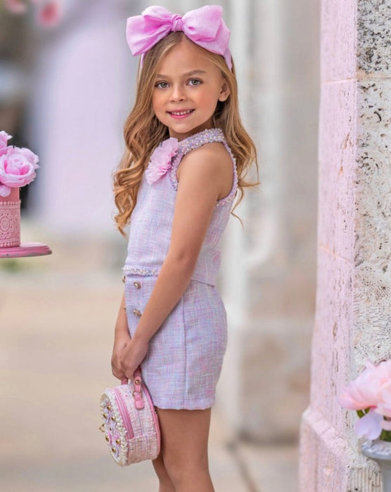 Mia Belle Girls Celebrate With Flair Pastel Halter Tweed Top and Short Set