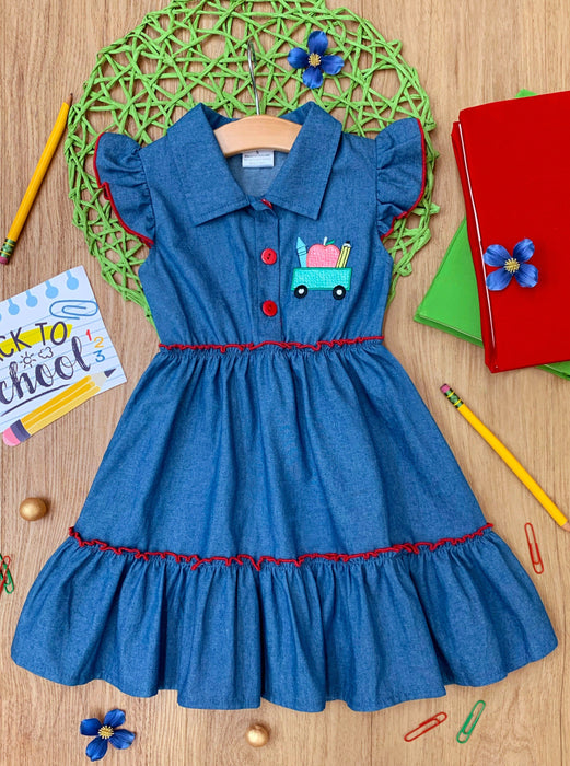 Mia Belle Girls Classroom Cutie Ruffle Trim Denim Dress