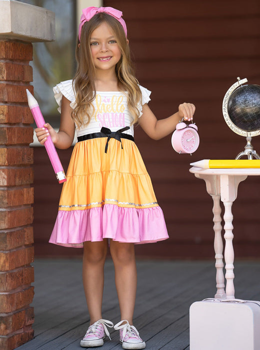 Mia Belle Girls Hello School Striped Tiered Dress