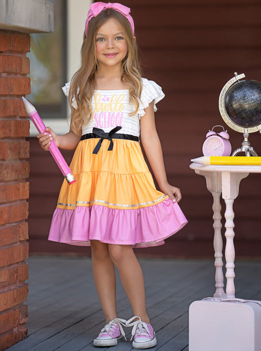 Mia Belle Girls Hello School Striped Tiered Dress