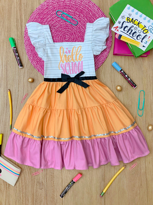 Mia Belle Girls Hello School Striped Tiered Dress