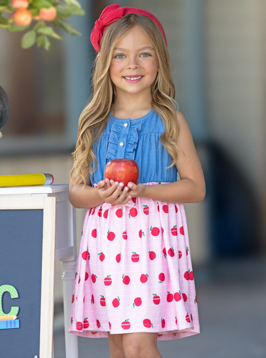 Mia Belle Girls School-Ready Apple Print Chambray Dress