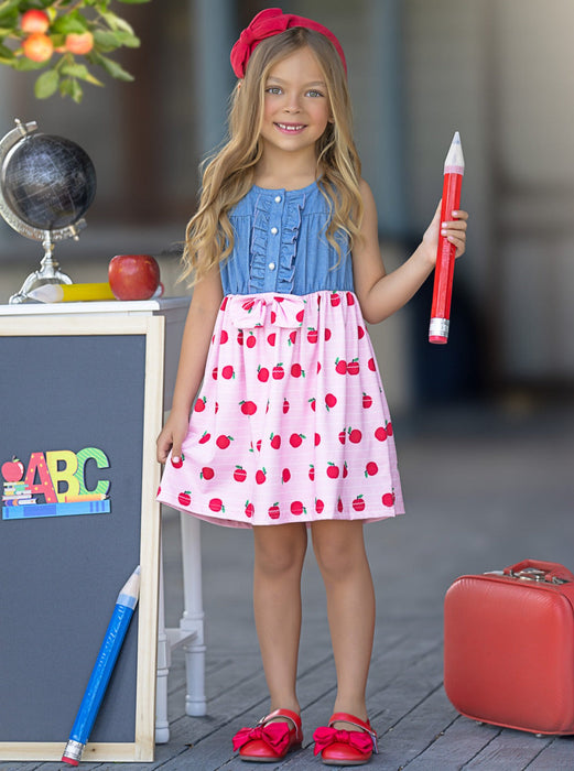 Mia Belle Girls School-Ready Apple Print Chambray Dress