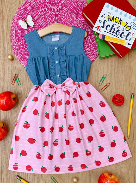 Mia Belle Girls School-Ready Apple Print Chambray Dress