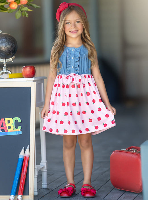 Mia Belle Girls School-Ready Apple Print Chambray Dress