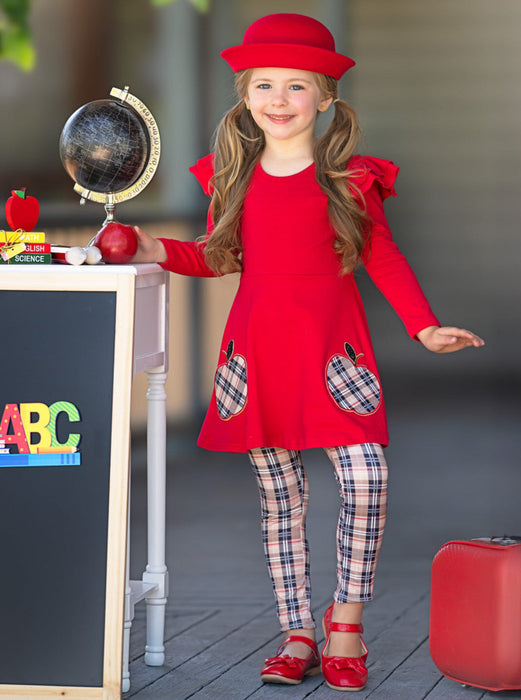 Mia Belle Girls Fashion Class Apple Peplum Tunic and Plaid Legging Set