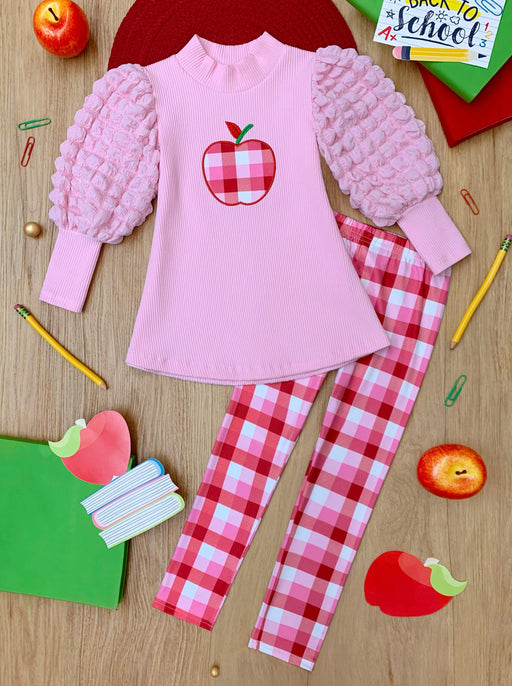 Mia Belle Girls Sweet Schoolgirl Apple Tunic and Checkered Legging Set