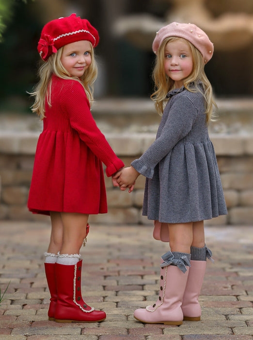 Mia Belle Girls Cozy Holiday Red Ruffle Knit Sweater Dress