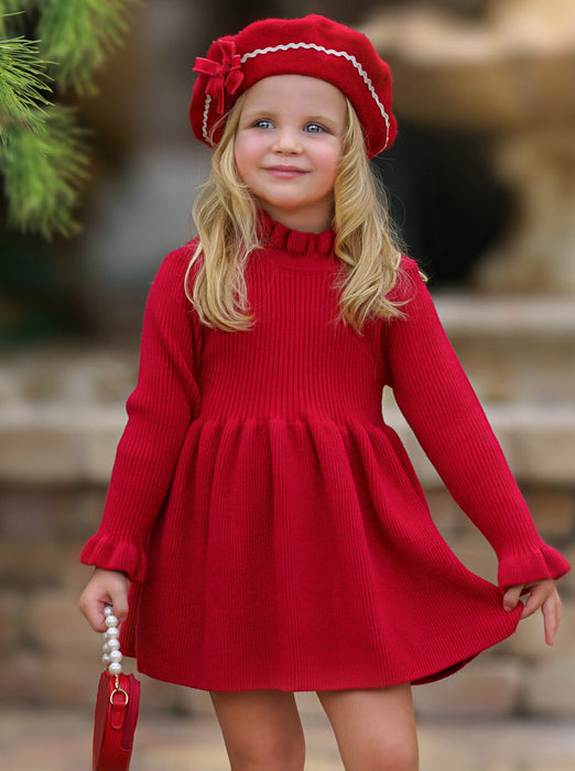 Mia Belle Girls Cozy Holiday Red Ruffle Knit Sweater Dress
