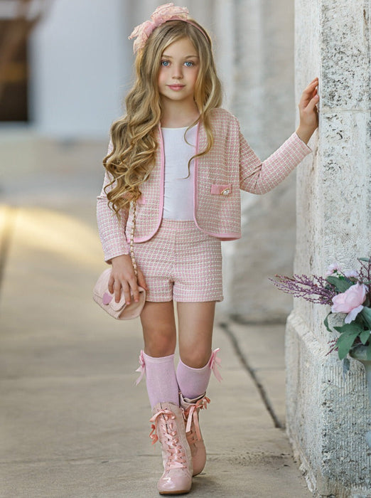 Mia Belle Girls Classy Tweed Matching Blazer and Short Set