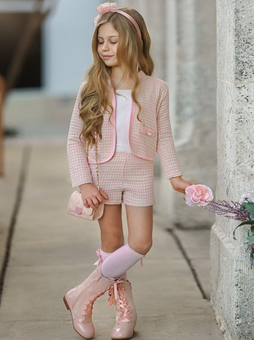 Mia Belle Girls Classy Tweed Matching Blazer and Short Set