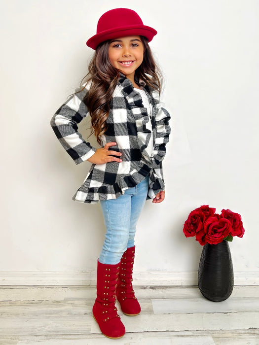 Mia Belle Girls All Ruffled Up Gingham Ruffles Cardigan