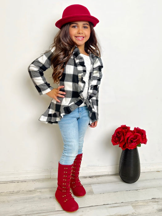 Mia Belle Girls All Ruffled Up Gingham Ruffles Cardigan