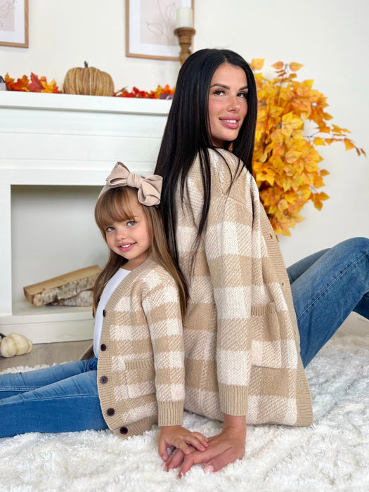 Mia Belle Girls Mommy and Me Beige and White Checkered Oversized Cardigan