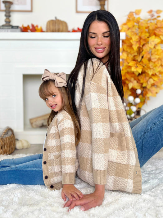 Mia Belle Girls Mommy and Me Beige and White Checkered Oversized Cardigan