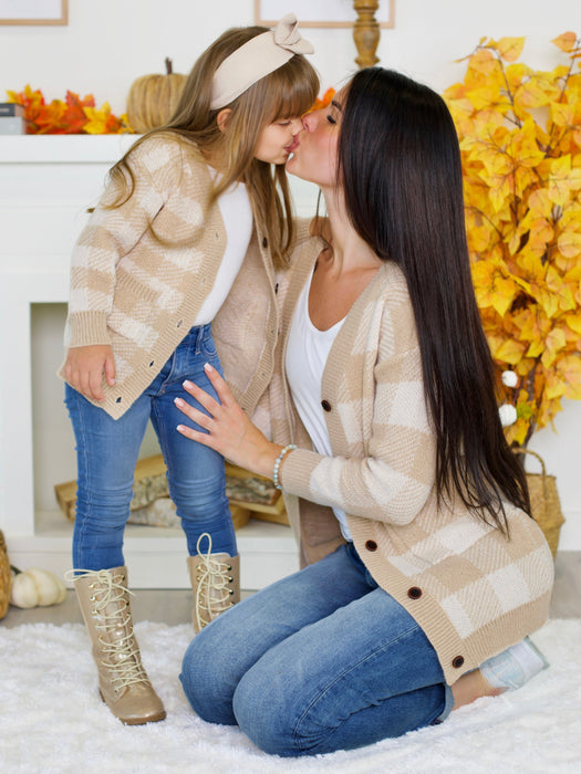 Mia Belle Girls Mommy and Me Beige and White Checkered Oversized Cardigan