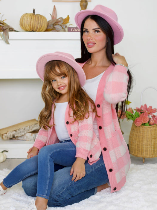 Mia Belle Girls Mommy and Me Pink and White Checkered Oversized Cardigan