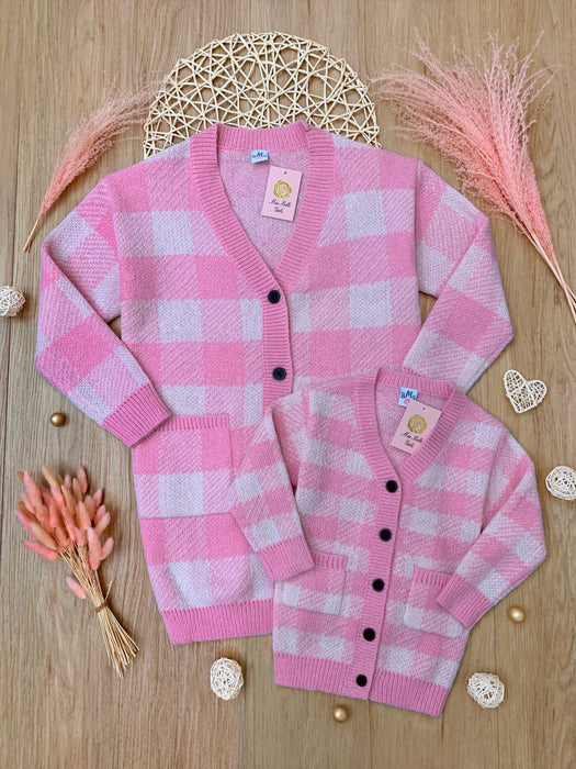Mia Belle Girls Mommy and Me Pink and White Checkered Oversized Cardigan
