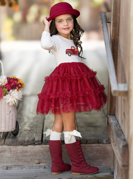 Mia Belle Girls Red Truck Leaves Ruffled Tutu Dress