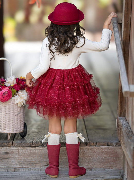 Mia Belle Girls Red Truck Leaves Ruffled Tutu Dress