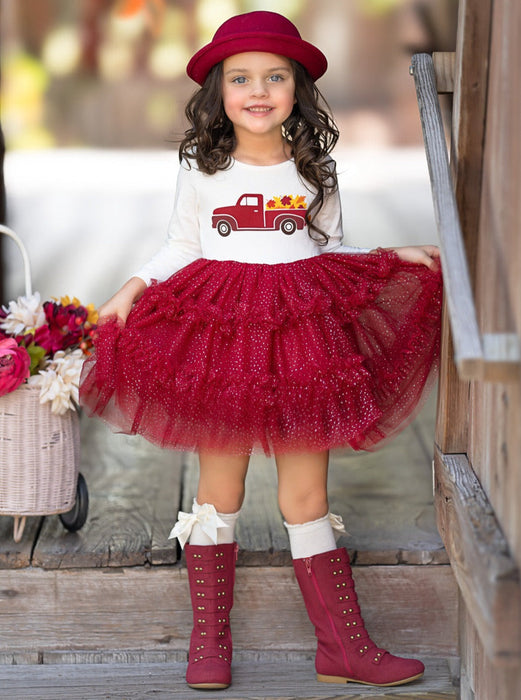 Mia Belle Girls Red Truck Leaves Ruffled Tutu Dress