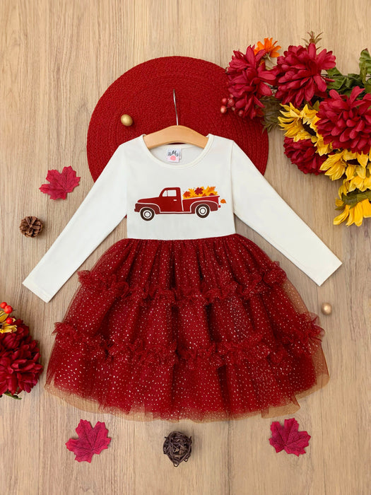 Mia Belle Girls Red Truck Leaves Ruffled Tutu Dress