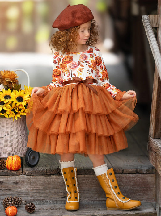 Mia Belle Girls Autumn Floral Ruffle Tutu Dress