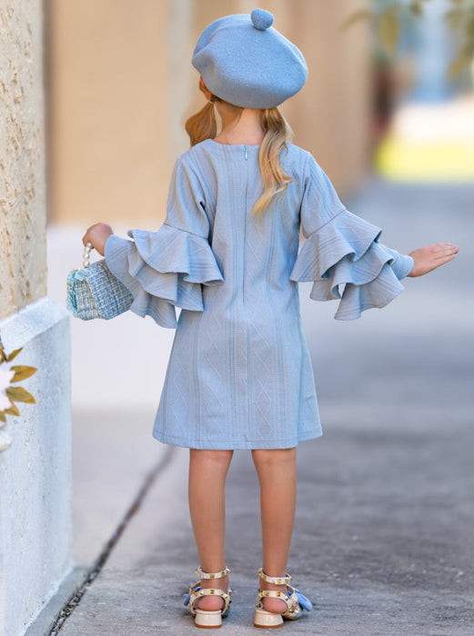 Mia Belle Girls Blue Cable Knit Tiered Sleeve Sweater Dress