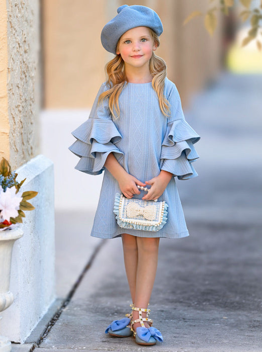 Mia Belle Girls Blue Cable Knit Tiered Sleeve Sweater Dress