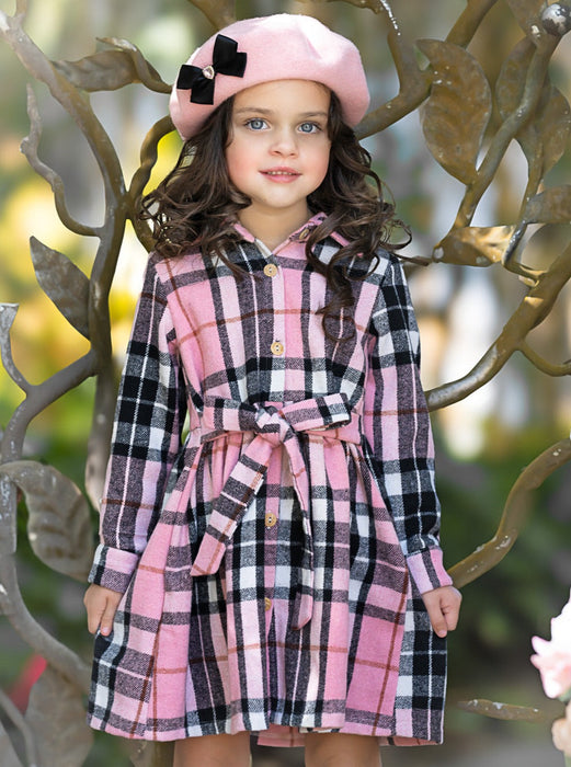 Mia Belle Girls Pink Plaid Long Sleeve Shirt Dress