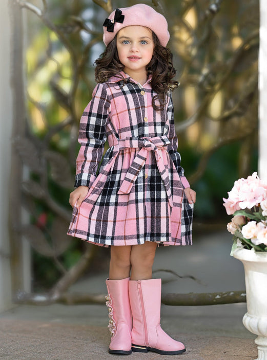 Mia Belle Girls Pink Plaid Long Sleeve Shirt Dress