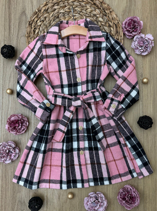 Mia Belle Girls Pink Plaid Long Sleeve Shirt Dress