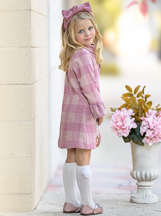 Mia Belle Girls Pretty Pink Tartan Plaid Long Sleeve Shift Dress