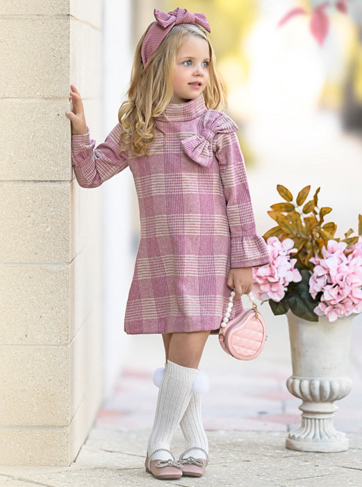 Mia Belle Girls Pretty Pink Tartan Plaid Long Sleeve Shift Dress