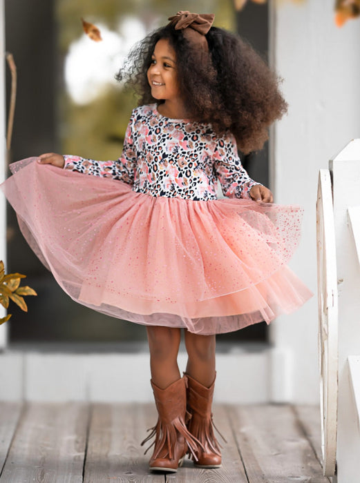 Mia Belle Girls Peach Floral Leopard Print Tutu Dress