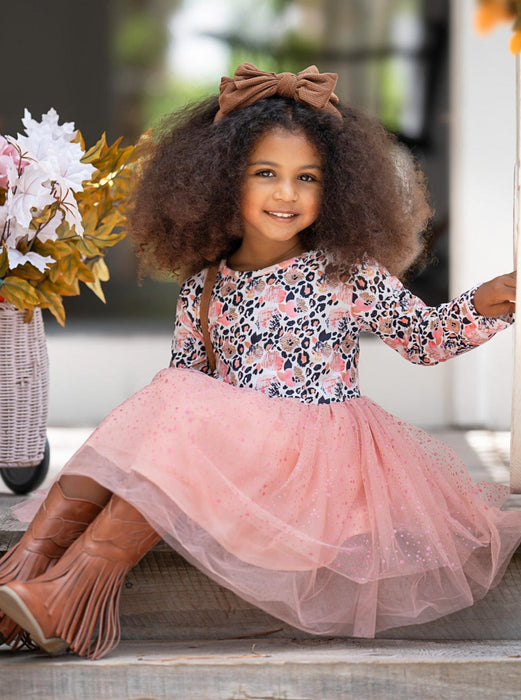 Mia Belle Girls Peach Floral Leopard Print Tutu Dress