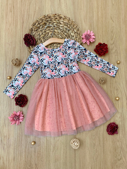Mia Belle Girls Peach Floral Leopard Print Tutu Dress