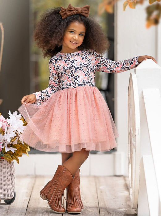 Mia Belle Girls Peach Floral Leopard Print Tutu Dress