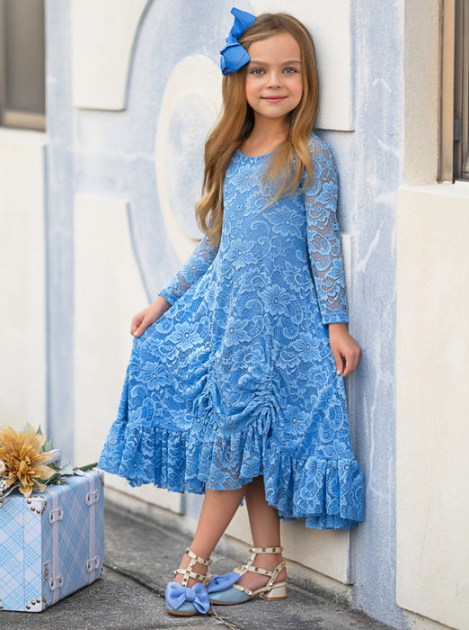 Mia Belle Girls Blue Hi-Lo Drawstring Lace Ruffle Dress