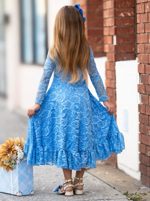 Mia Belle Girls Blue Hi-Lo Drawstring Lace Ruffle Dress