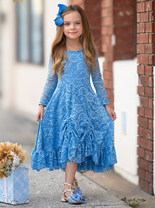 Mia Belle Girls Blue Hi-Lo Drawstring Lace Ruffle Dress