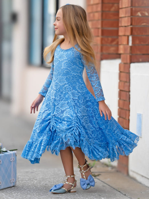 Mia Belle Girls Blue Hi-Lo Drawstring Lace Ruffle Dress