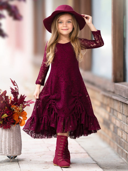 Mia Belle Girls Burgundy Hi-Lo Drawstring Lace Ruffle Dress