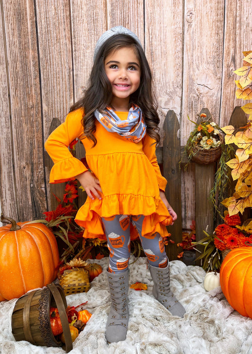 Mia Belle Girls Pumpkin Spice Season Tunic, Scarf and Legging Set