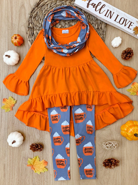 Mia Belle Girls Pumpkin Spice Season Tunic, Scarf and Legging Set